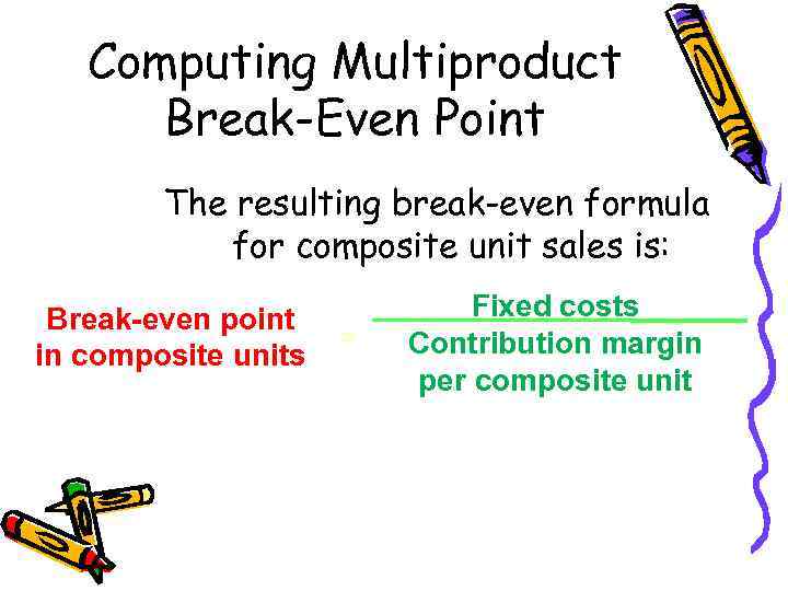 Computing Multiproduct Break-Even Point The resulting break-even formula for composite unit sales is: Break-even