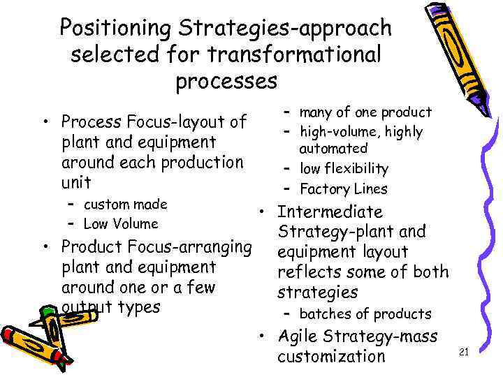 Positioning Strategies-approach selected for transformational processes • Process Focus-layout of plant and equipment around