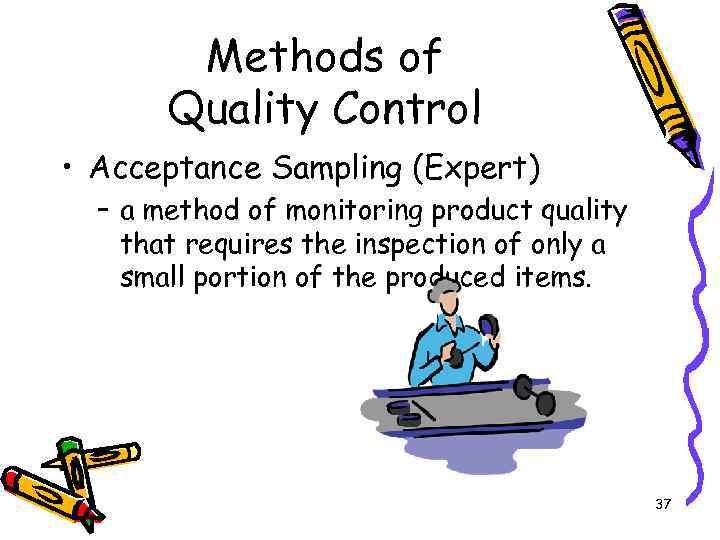 Methods of Quality Control • Acceptance Sampling (Expert) – a method of monitoring product