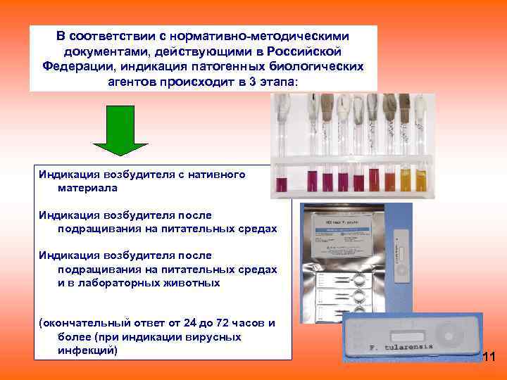 В соответствии с нормативно-методическими документами, действующими в Российской Федерации, индикация патогенных биологических агентов происходит