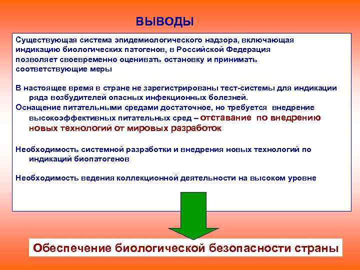 ВЫВОДЫ Существующая система эпидемиологического надзора, включающая индикацию биологических патогенов, в Российской Федерация позволяет своевременно