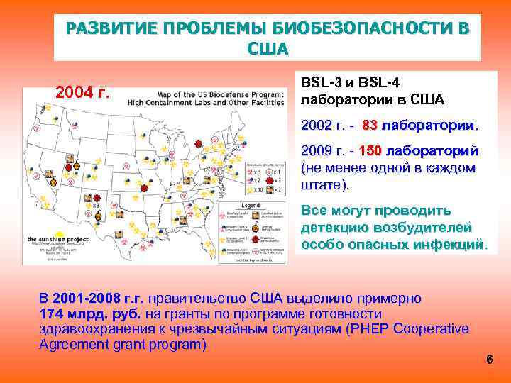 РАЗВИТИЕ ПРОБЛЕМЫ БИОБЕЗОПАСНОСТИ В США 2004 г. BSL-3 и BSL-4 лаборатории в США 2002