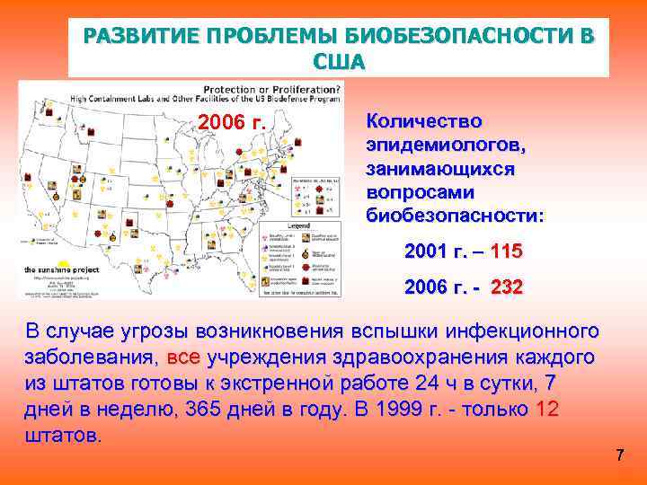 РАЗВИТИЕ ПРОБЛЕМЫ БИОБЕЗОПАСНОСТИ В США 2006 г. Количество эпидемиологов, занимающихся вопросами биобезопасности: 2001 г.