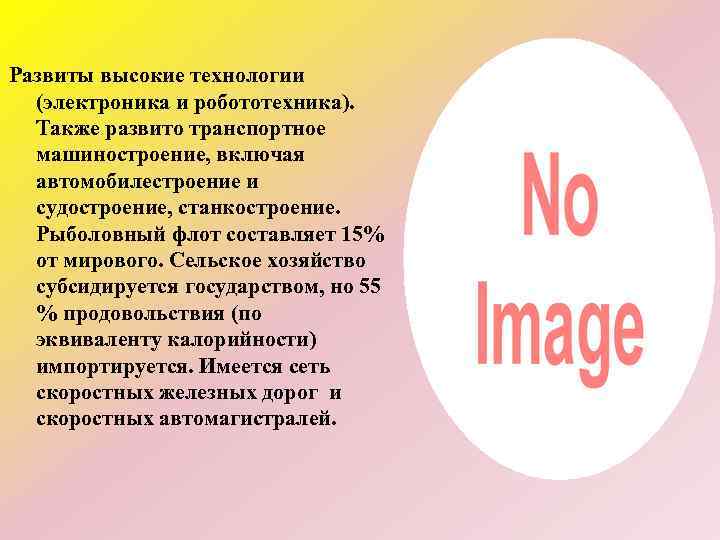 Развиты высокие технологии (электроника и робототехника). Также развито транспортное машиностроение, включая автомобилестроение и судостроение,