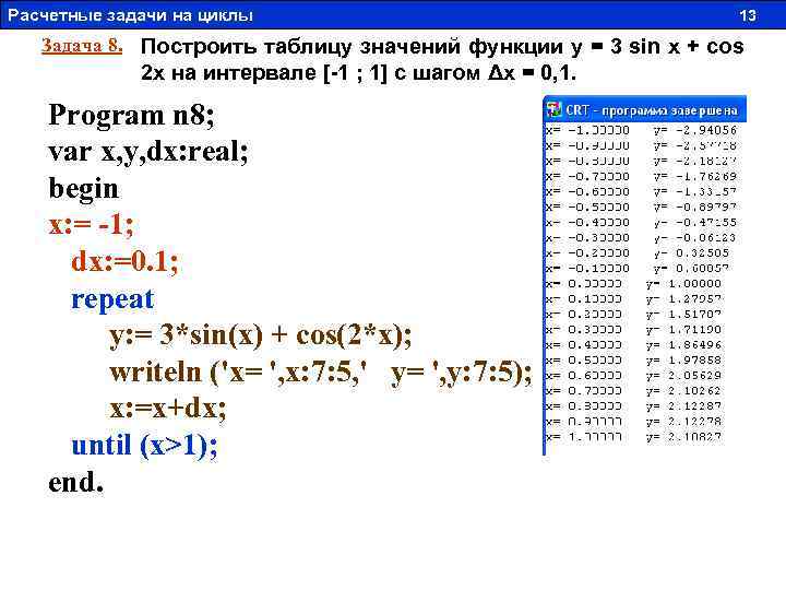 Расчетные задачи на циклы 13 Задача 8. Построить таблицу значений функции y = 3