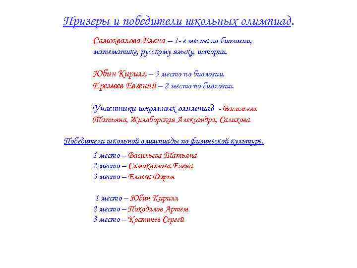Призеры и победители школьных олимпиад. Самохвалова Елена – 1 - е места по биологии,