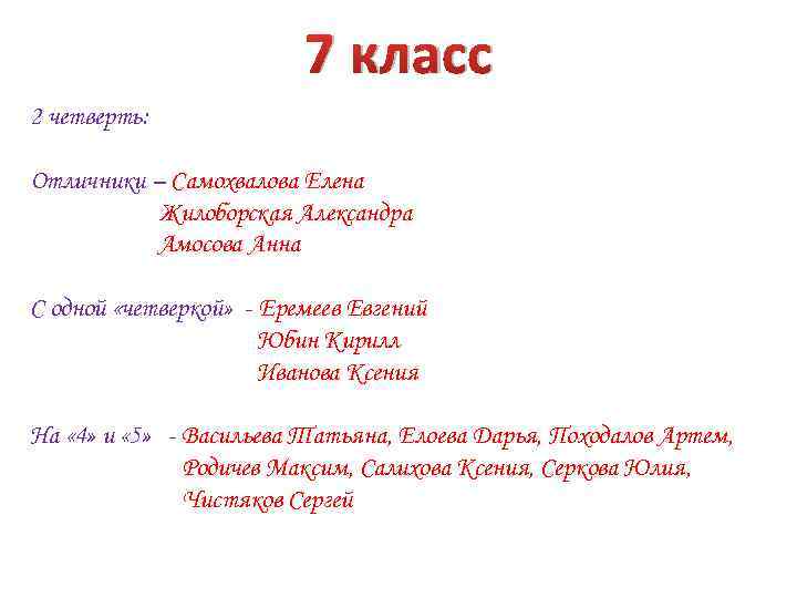 7 класс 2 четверть: Отличники – Самохвалова Елена Жилоборская Александра Амосова Анна С одной