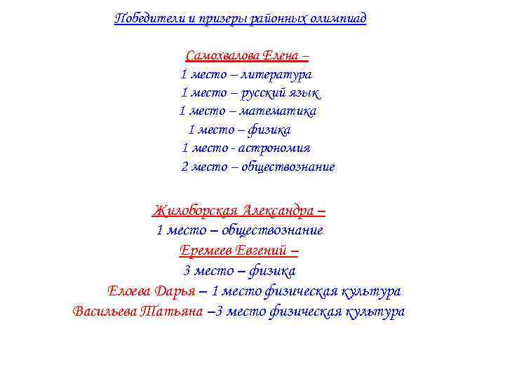 Победители и призеры районных олимпиад Самохвалова Елена – 1 место – литература 1 место