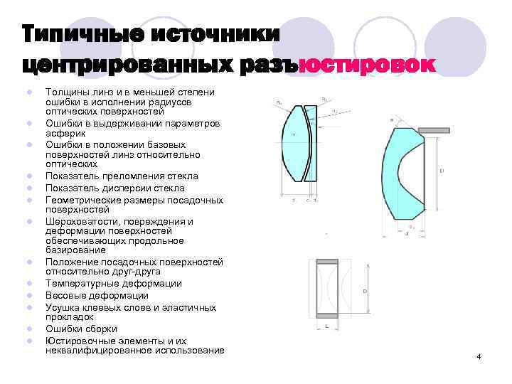 Типичные источники центрированных разъюстировок l l l l Толщины линз и в меньшей степени