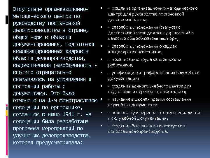 Отсутствие организационнометодического центра по руководству постановкой делопроизводства в стране, общих норм в области документирования,