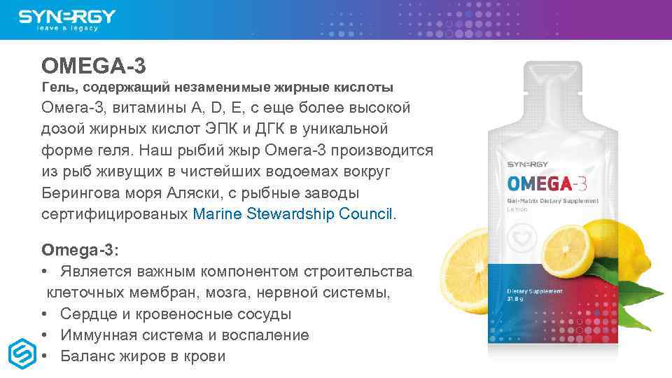 OMEGA-3 Гель, содержащий незаменимые жирные кислоты Омега-3, витамины А, D, Е, с еще более