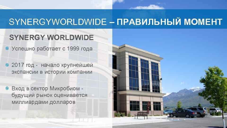  SYNERGYWORLDWIDE – ПРАВИЛЬНЫЙ МОМЕНТ SYNERGY WORLDWIDE Успешно работает с 1999 года 2017 год