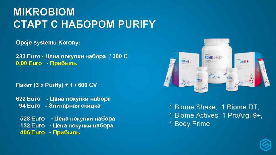 MIKROBIOM СТАРТ С НАБОРОМ PURIFY Opcje systemu Korony: 233 Euro - Цена покупки набора