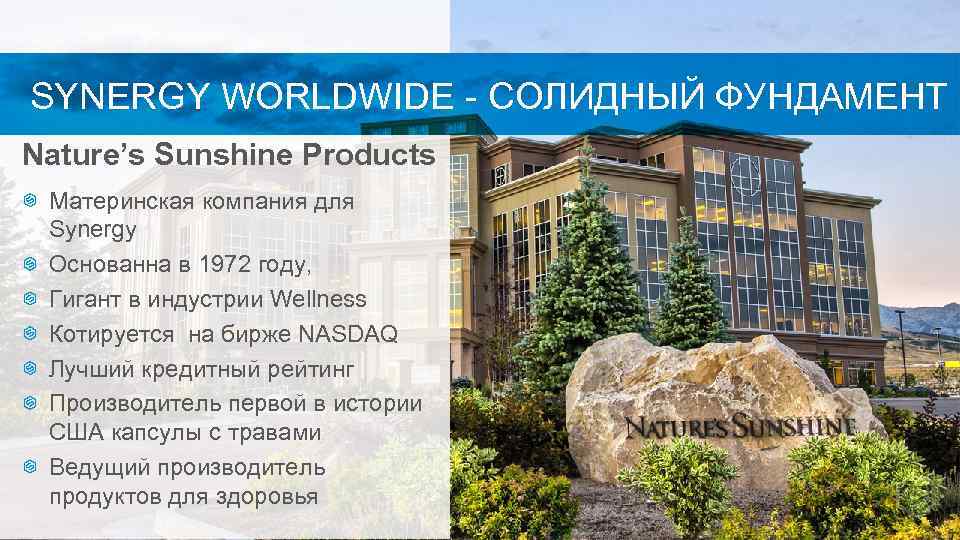 SYNERGY WORLDWIDE - СОЛИДНЫЙ ФУНДАМЕНТ Nature’s Sunshine Products Материнская компания для Synergy Основанна в