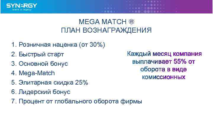 MEGA MATCH ® ПЛАН ВОЗНАГРАЖДЕНИЯ 1. Розничная наценка (oт 30%) 2. Быстрый старт 3.