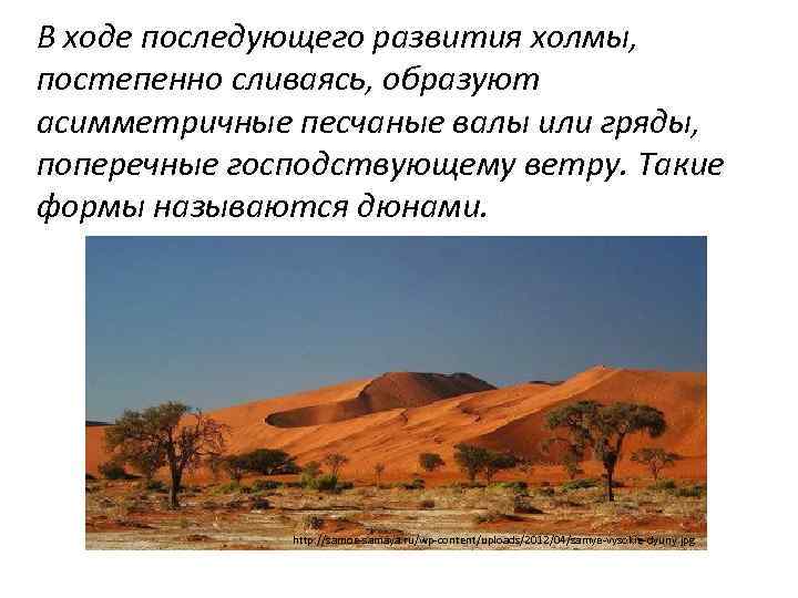 В ходе последующего развития холмы, постепенно сливаясь, образуют асимметричные песчаные валы или гряды, поперечные