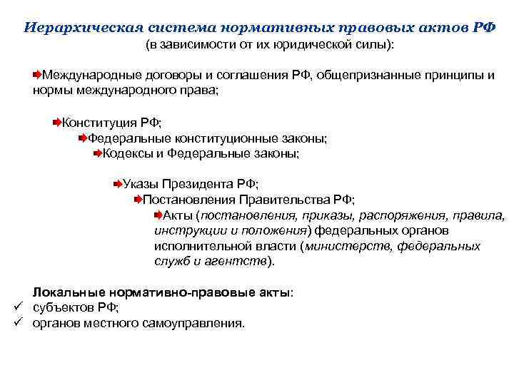 Иерархическая система нормативных правовых актов РФ (в зависимости от их юридической силы): Международные договоры