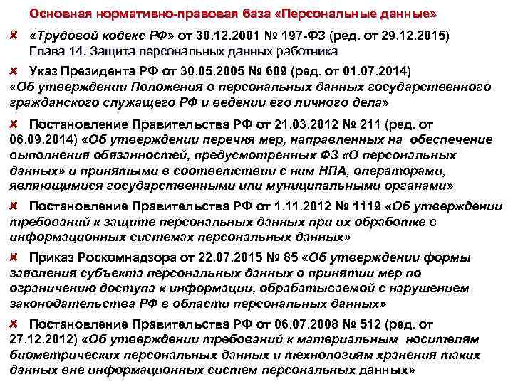 Основная нормативно-правовая база «Персональные данные» «Трудовой кодекс РФ» от 30. 12. 2001 № 197