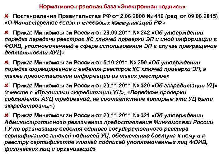 Нормативно-правовая база «Электронная подпись» Постановления Правительства РФ от 2. 06. 2008 № 418 (ред.