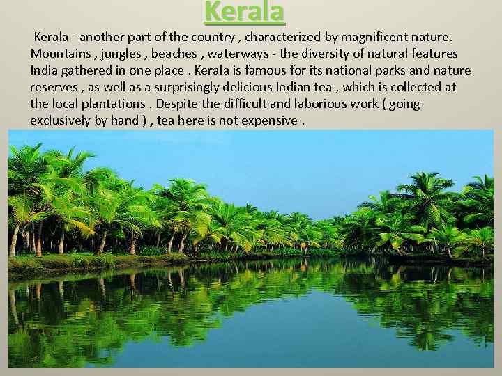 Kerala - another part of the country , characterized by magnificent nature. Mountains ,