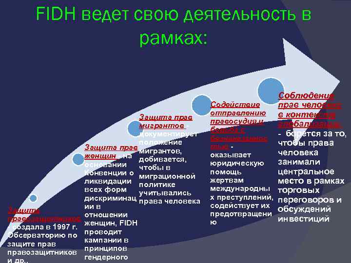 FIDH ведет свою деятельность в рамках: Защита правозащитников - создала в 1997 г. Обсерваторию