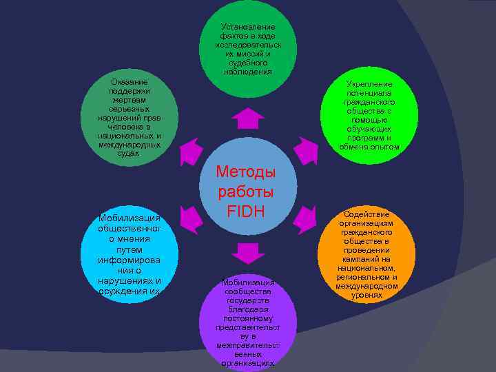 Установление фактов в ходе исследовательск их миссий и судебного наблюдения Оказание поддержки жертвам серьезных