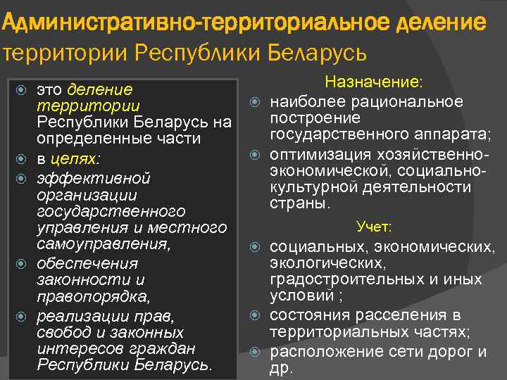 Административно-территориальное деление территории Республики Беларусь это деление территории Республики Беларусь на определенные части в