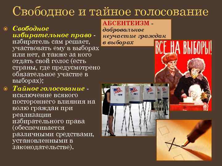 Свободное и тайное голосование Свободное избирательное право избиратель сам решает, участвовать ему в выборах
