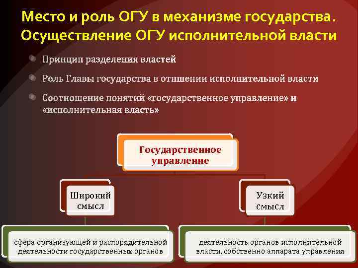 Место и роль ОГУ в механизме государства. Осуществление ОГУ исполнительной власти Государственное управление Широкий