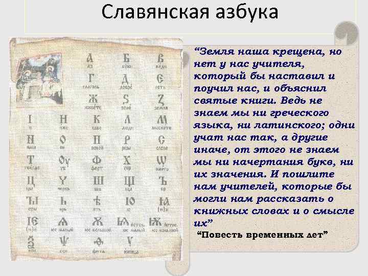 Славянская азбука “Земля наша крещена, но нет у нас учителя, который бы наставил и