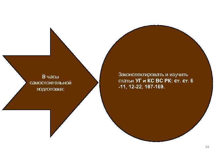 В часы самостоятельной подготовки: Законспектировать и изучить статьи УГ и КС ВС РК: ст.