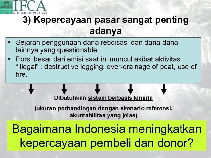3) Kepercayaan pasar sangat penting adanya • Sejarah penggunaan dana reboisasi dana-dana lainnya yang