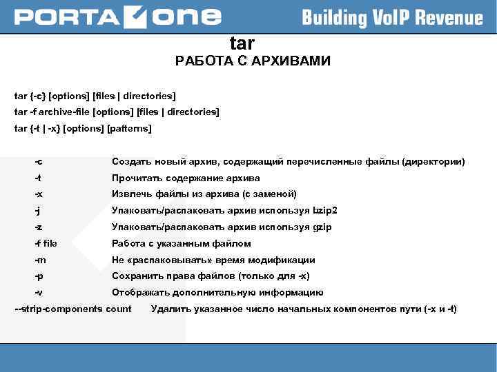 tar РАБОТА С АРХИВАМИ tar {-c} [options] [files | directories] tar -f archive-file [options]