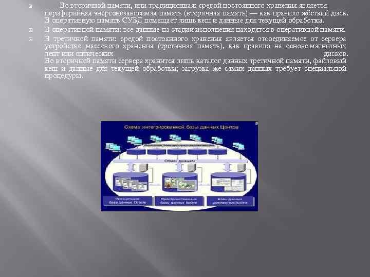  Во вторичной памяти, или традиционная: средой постоянного хранения является периферийная энергонезависимая память (вторичная