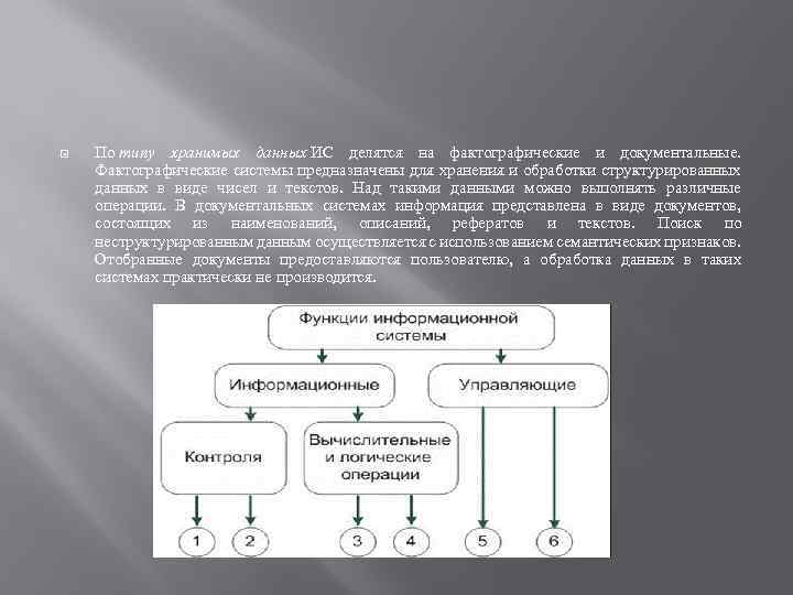  По типу хранимых данных ИС делятся на фактографические и документальные. Фактографические системы предназначены