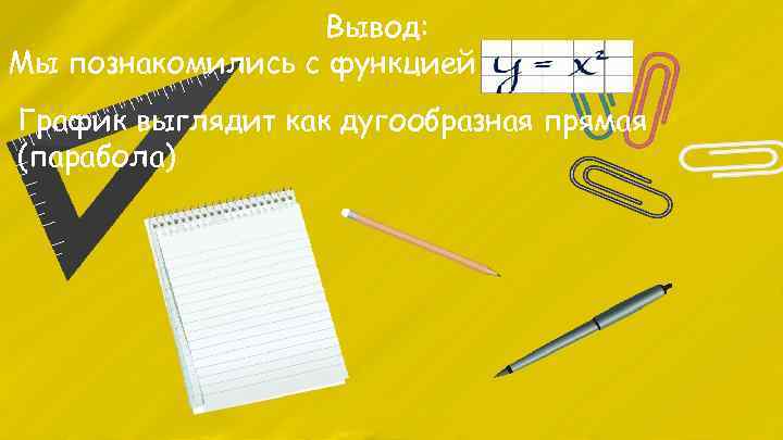 Вывод: Мы познакомились с функцией График выглядит как дугообразная прямая (парабола) 
