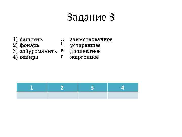 Задание 3 А Б В Г 1 2 3 4 