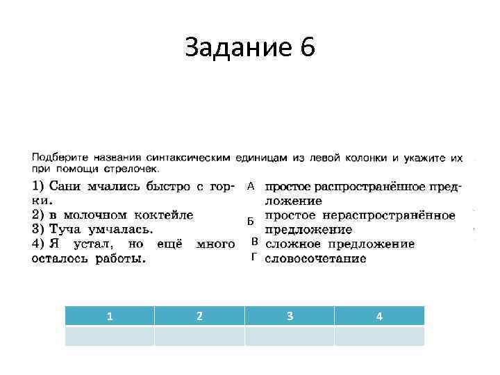 Задание 6 А Б В Г 1 2 3 4 