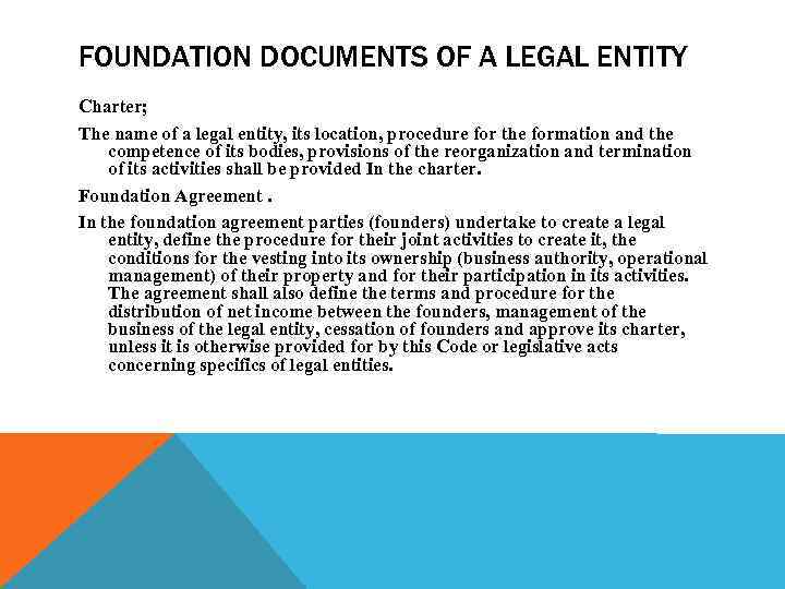 FOUNDATION DOCUMENTS OF A LEGAL ENTITY Charter; The name of a legal entity, its