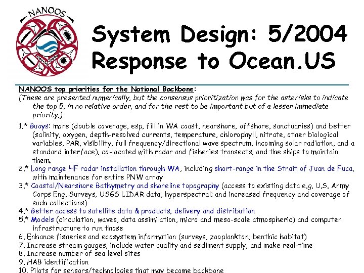 System Design: 5/2004 Response to Ocean. US NANOOS top priorities for the National Backbone: