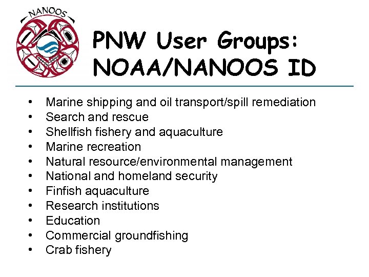 PNW User Groups: NOAA/NANOOS ID • • • Marine shipping and oil transport/spill remediation