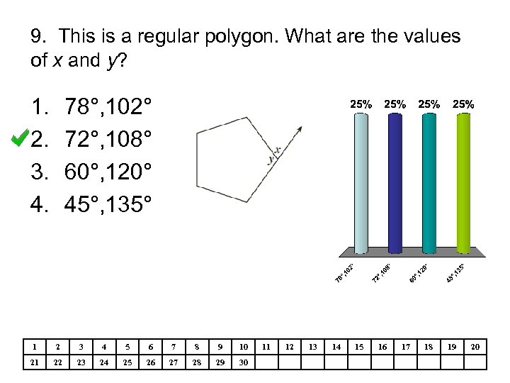 9. This is a regular polygon. What are the values of x and y?