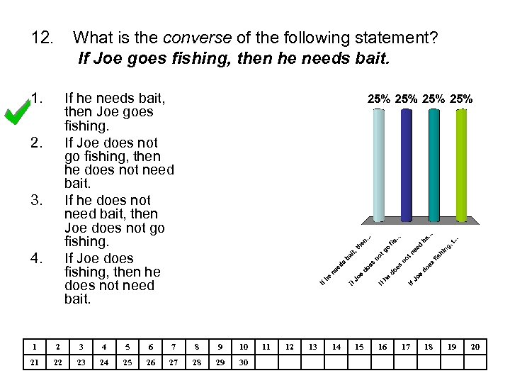 12. What is the converse of the following statement? If Joe goes fishing, then