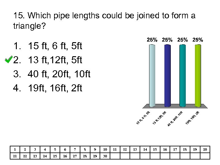 15. Which pipe lengths could be joined to form a triangle? 1. 2. 3.