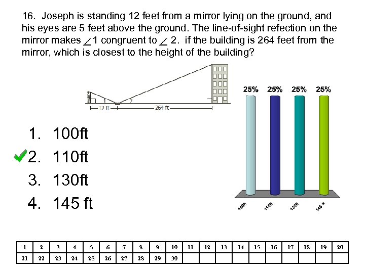 16. Joseph is standing 12 feet from a mirror lying on the ground, and