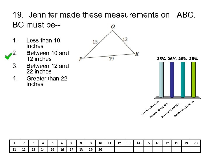 19. Jennifer made these measurements on ABC. BC must be-1. Less than 10 inches