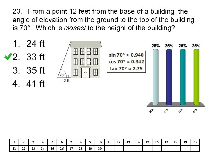 23. From a point 12 feet from the base of a building, the angle