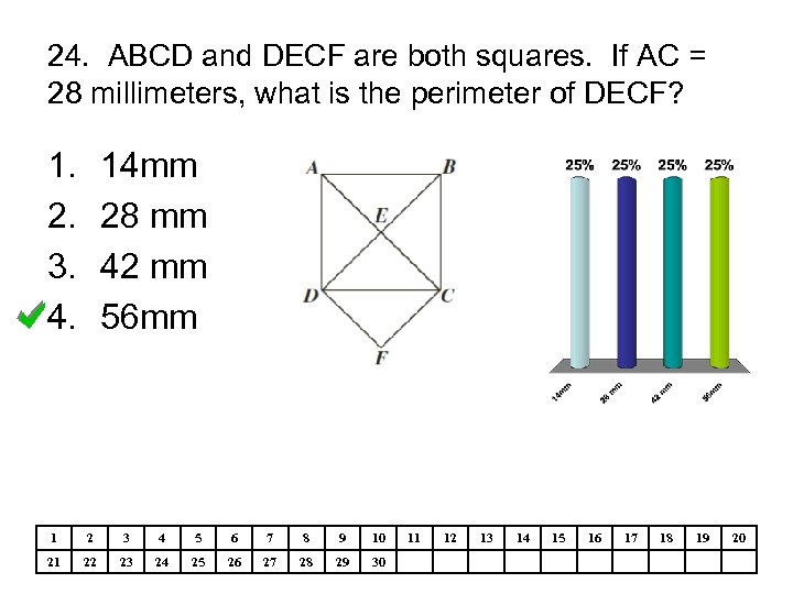 24. ABCD and DECF are both squares. If AC = 28 millimeters, what is