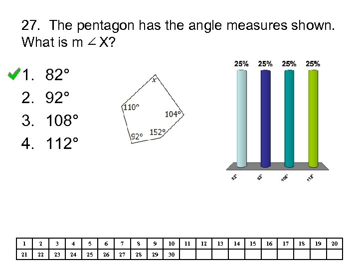 27. The pentagon has the angle measures shown. What is m X? 1. 2.