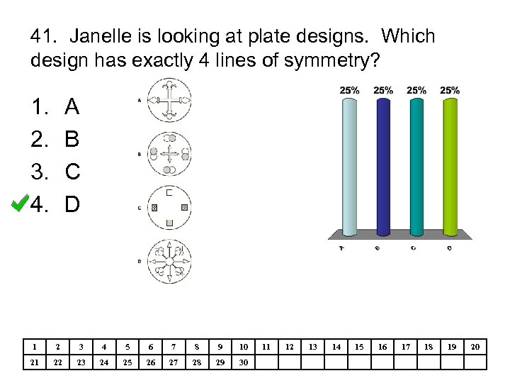 41. Janelle is looking at plate designs. Which design has exactly 4 lines of